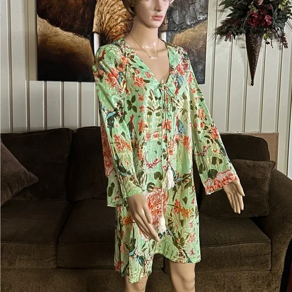 Caribbean Joe ~ Large ~ Green W/ Gold & Red Floral Tunic Swim Coverup Dress - Picture 11 of 15